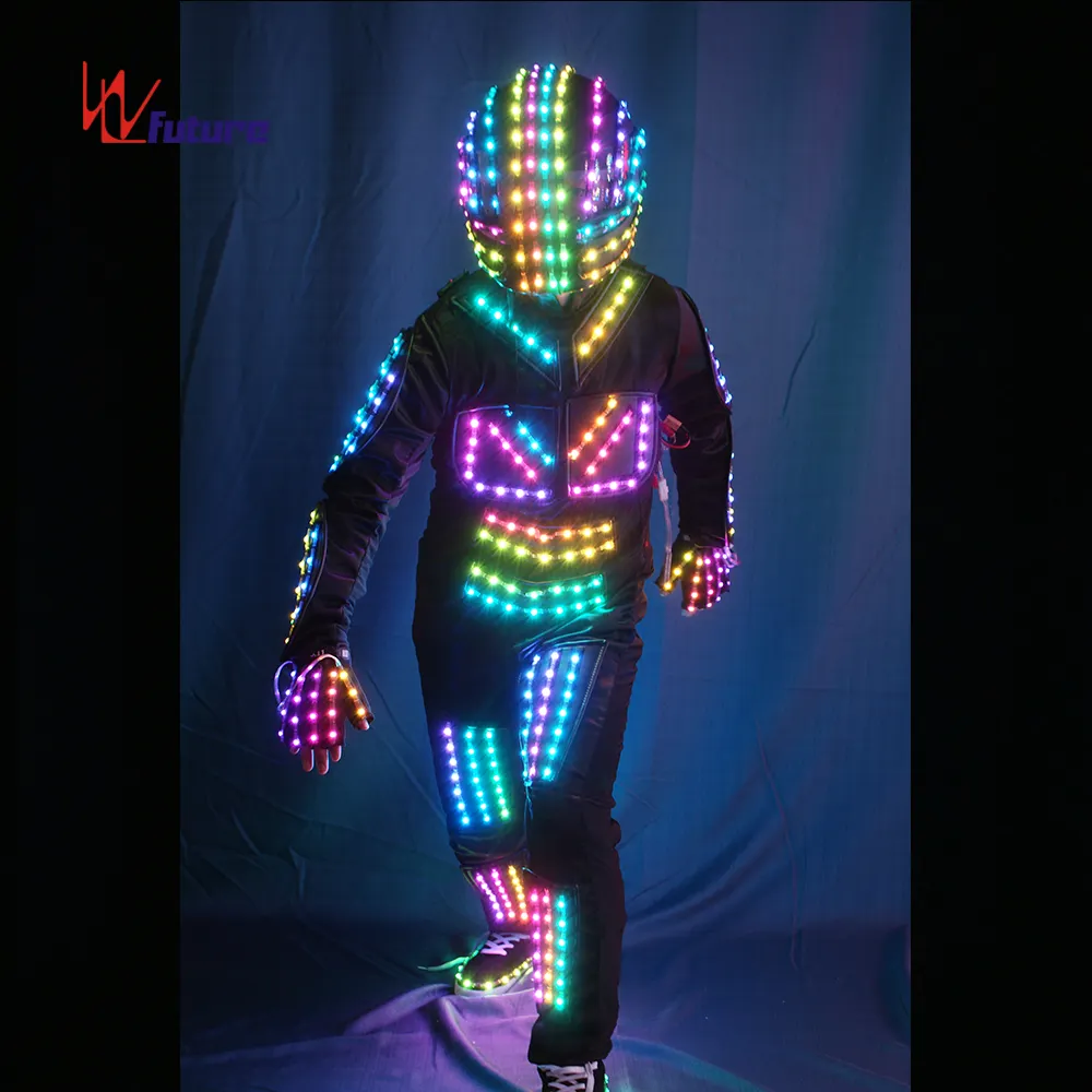 पूर्ण रंग एलईडी रोबोट सूट रंगीन चमकदार चमक पहनता नृत्य वेशभूषा मॉडल शो पोशाक कपड़े डीजे बार प्रदर्शन