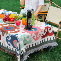 Tapis de pique-nique bohème en coton et lin avec nappe intégrée pour tables d'extérieur et couverture décorative pour stand de rue