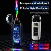 Briquet électronique à double arc étanche et coupe-vent à coque transparente, affichage du niveau de batterie, alimenté par USB