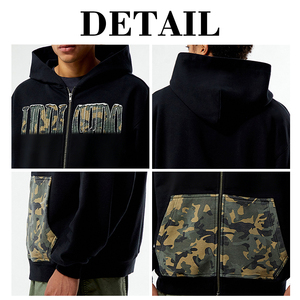 KingSen Men's Camo Patchwork Full Zip Hoodie <b>Applique</b> Embroidery Fleece Sweatshirt with Patch Pocket Oversized Streetwear - Product Image 6