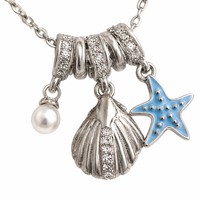 Collier Pendentif Fortune Jewel en Acier Inoxydable avec Chaîne Corde, Perle et Zircon Incrustés, Étoile de Mer Bleue Argentée, pour Couple et Amitié