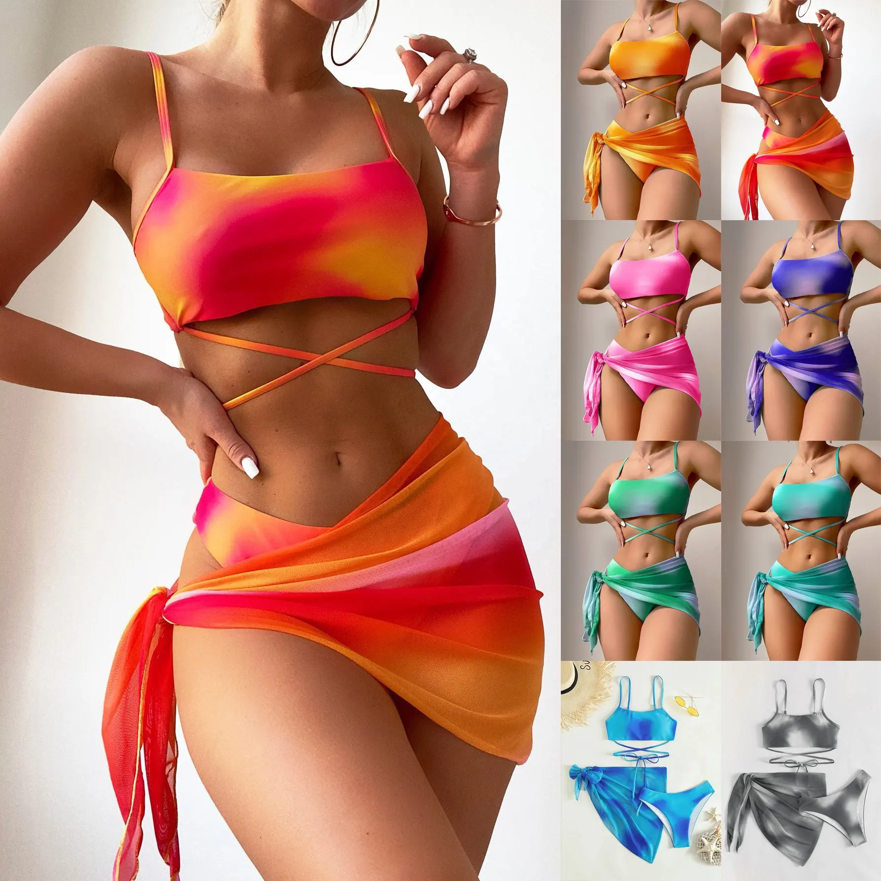 2024 Nieuwe Strand Bikini Split Body Tie Dye Bikini Badpak 3-delige Set Mesh Rok Strandkleding Voor Vrouwen