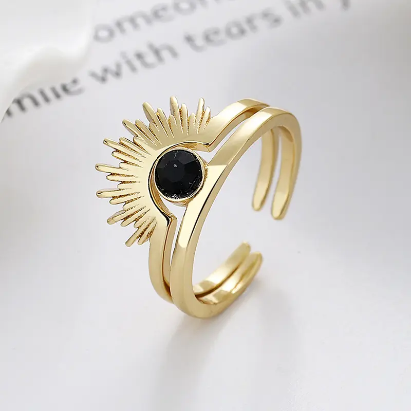 Trendy 18K Gold Plated Sun Celestial Sunburst Black Agate Stone Tarnish Free Waterproof Stacking Folding Two Couple Ring Sets