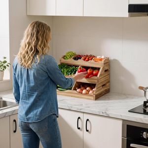 Panier <span class=keywords><strong>de</strong></span> rangement 3 niveaux en bois massif pour pommes <span class=keywords><strong>de</strong></span> <span class=keywords><strong>terre</strong></span> et oignons, corbeille à fruits et légumes empilable pour comptoir <span class=keywords><strong>de</strong></span> cuisine avec plateau supérieur à 4 compartiments - Product Image 5