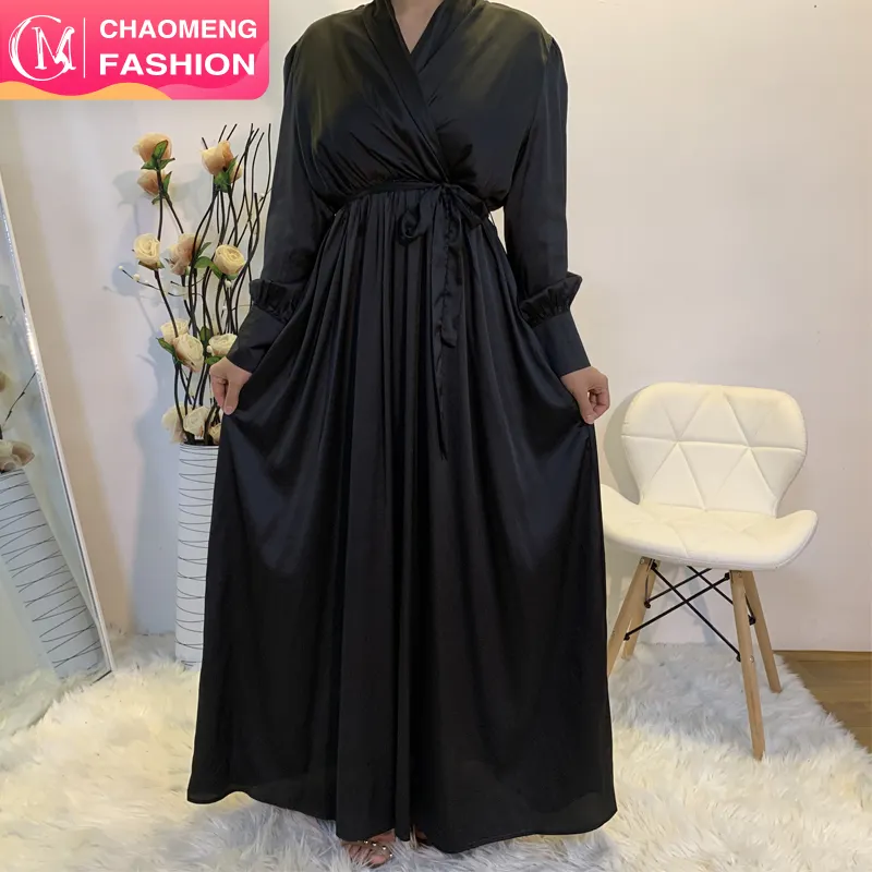 6280 # Lebaran Terbaru Warna Solid Satin Desain Modern Pakaian Muslim Maxi Wanita Gaun Muslim Abaya Dubai 2020