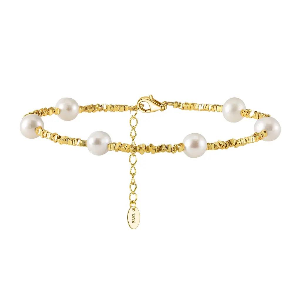 RINNTIN GPB28 joyería fina pequeñas cuentas cuadradas chapadas en oro con perlas naturales pulsera de perlas de lujo joyería para mujer para regalo