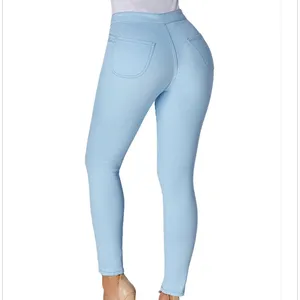 กางเกงยีนส์เอวสูงไร้รอยต่อสำหรับผู้หญิง,กางเกงผู้หญิงผ้าสแปนเด็กซ์แบบแน่นสีฟ้าเซ็กซี่