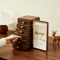 Armoire à bijoux artisanale en noyer avec incrustation de chat, organisateur de bijoux à porte unique, boîte de rangement en bois avec serrure