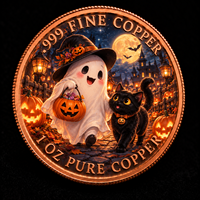 Pièce de défi personnalisée OEM en cuivre pur .999 de 1 oz, ronde, avec motifs fantôme mignon et chat noir d'Halloween, imprimée UV et gaufrée, avec citrouille, vente en gros