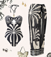Ensemble maillot de bain une pièce et jupe pour femme STOCK Print, avec liens au cou et perles, maillot de bain et paréo, tenue de plage S-XL