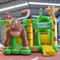 Trampoline gonflable pour fêtes commerciales, sur le thème des singes, équipé d'un souffleur, disponible à la location.