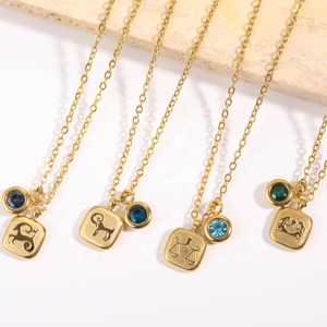 Vintage 18K oro Acero inoxidable <span class=keywords><strong>signo</strong></span> del zodiaco collar <span class=keywords><strong>de</strong></span> piedra natal <span class=keywords><strong>de</strong></span> moda 12 meses piedra <span class=keywords><strong>de</strong></span> nacimiento colgante <span class=keywords><strong>de</strong></span> cristal diseño cuadrado - Product Image 4