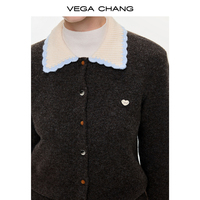 Pull en laine mélangée à blocs de couleur VEGA CHANG pour femmes, col ondulé, boutons en forme de cœur, pour un style quotidien élégant