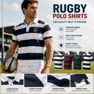 Chemises de rugby polo décontractées de haute qualité pour hommes, à manches courtes, rayées, en piqué de polyester, avec logo personnalisé - Product Image 4