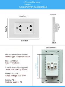 Prise murale en verre trempé, interrupteur standard thaïlandais, double prise 20A 10A, blanc, noir, gris, or - Product Image 3