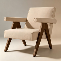 Fauteuil lounge moderne artisanal avec pieds en V inversé et finition en bois subtilement effiloché, meubles en bois pour salon