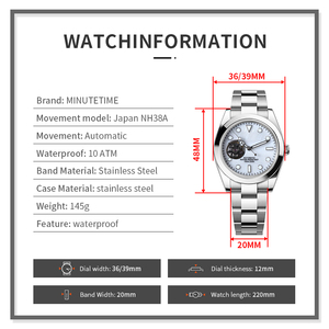 Montre personnalisée MINUTETIME avec cadran creux en forme de coquillage, mouvement automatique NH38, étanche 10 bars, luxe, 36 mm/39 mm - Product Image 5