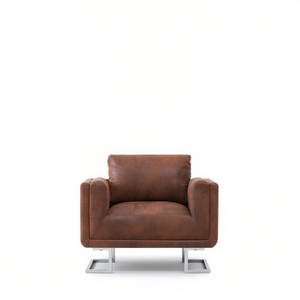 Poltrona Cube Marrone in Ecopelle Scamosciata con Gambe in Metallo, Sedia Contemporanea per Soggiorno - Product Image 1