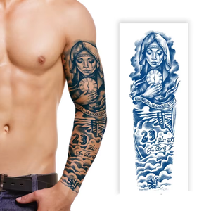 Autocollants de tatouage temporaires à base de plantes pour bras entier, étanches, motif Vierge Marie, Couronne, Lion, pour hommes, vente en gros - Product Image 1