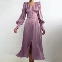 חדש ארוך שרוול סאטן אלגנטי Slim Fit בלון שרוול עיצוב נשים שמלה מזדמן אופנה V צוואר ארוך שמלות לנשים