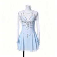Robe de patinage artistique bleu clair pour enfants et adultes, en maille à manches longues avec strass, pour compétition et spectacle de patinage sur glace