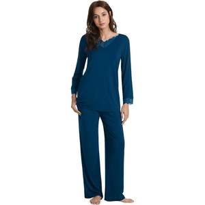 Ensemble de pyjama en viscose de bambou pour femmes, manches longues, dentelle, pantalon de détente avec poches, taille plus S-4X - Product Image 1