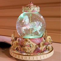 Personnalisé Offre Spéciale Exquis Sculpté Couleur Creative Cadeau D'anniversaire Ronde Licorne Carrousel En Verre Boîte À Musique Avec Lumières Led De Couleur