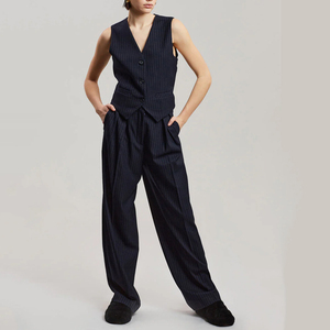 <span class=keywords><strong>Chaleco</strong></span> de Traje a Rayas Azul Marino a Medida, <span class=keywords><strong>Chaleco</strong></span> Formal con Cierre de Botones y Cinturón Ajustable - Product Image 1