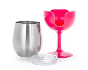 Coppia di Calici da Vino di Lusso in Acciaio Inox Lucidato, Stelo Alto, Finitura Argento, Infrangibili, Ecologici, con Impugnatura Ergonomica per Bar - Product Image 1