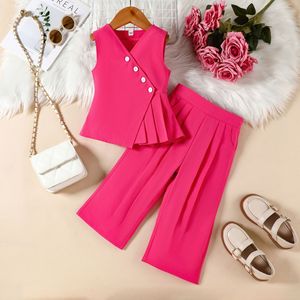 Nuovo Set Estivo 2025 per Bambine: Giacca Senza Maniche con Scollo a V e Bottoni, Pantaloni Plissettati, Stile Casual Europeo-Americano - Product Image 5