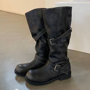 Nouvelles <span class=keywords><strong>Bottes</strong></span> Mi-Mollet Femme Style Automne/Hiver à Talon Carré et Plateforme, Bout Rond, Manchette en Caoutchouc, <span class=keywords><strong>Bottes</strong></span> Chevalier à Tige Large - Product Image 4