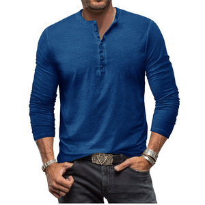 T-shirt Henley da uomo slim-fit vintage a maniche lunghe 180g in puro cotone traspirante, lavata e effetto distressed, con bottoni, per il commercio estero - Product Image 3