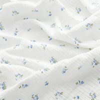 Tissu en coton 100% double épaisseur, crêpe gaze, imprimé mini-fleurs bleues, doux et froissé, pour vêtements d'intérieur, pyjamas et vêtements pour enfants