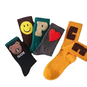 Sifot Wholesale Custom Cartoon Smiley Pattern Cute Cotton Bear 3D Letter Thickened Couple Mid Tube Socks