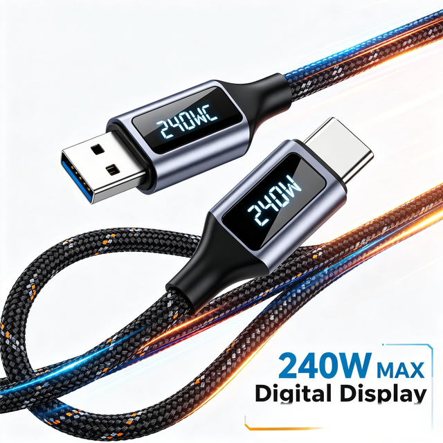 240W USB-C to USB-C Data Cable with Digital Display | E-Marker Chip Fast Charging | Nylon Braided, Durable for Laptops & Phones