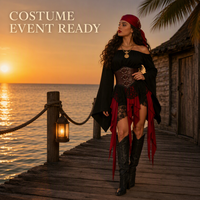 Damen-Piratenkostüm-Set mit schwarzem schulterfreiem Oberteil, Korsett-Taille, mehrlagigem roten Rock und Kopftuch für Halloween