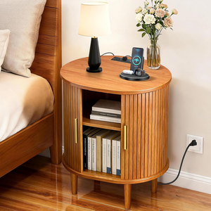 <span class=keywords><strong>Table</strong></span> de chevet cannelée de style Mid-Century avec station de charge, porte coulissante, étagère réglable, <span class=keywords><strong>table</strong></span> d'appoint jaune - Product Image 3