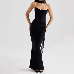 Solid Elegant Ruched Mesh Fitted Bodycon <strong>Dress</strong> for Women Strapless Corsage <strong>Bridesmaids</strong> Maxi Length 4XL Size Natural Waistline - Product Image 1