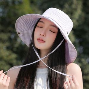Women's Korean Style Plaid Fisherman Sun Hat with Wide Brim Lace-up Outdoor Mountaineering Summer Travel <b>Sunscreen</b> Hat - Product Image 2
