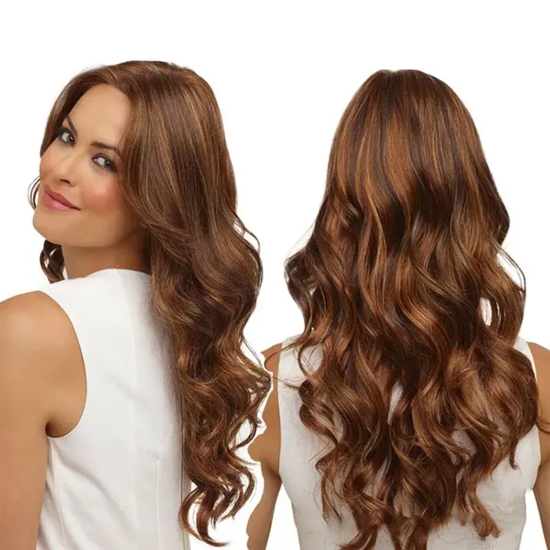Hot Seller in USA Brown Gold Long Wave Boby Hair 26inch Adjustable Size Synthetic Hair Wig For White Women