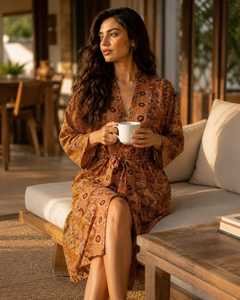 Bata de seda bohemia para mujer con estampado paisley, kimono largo floral, estilo A, lavable, ligera, para descansar, para vacaciones en resort, tipo pareo bohemio - Product Image 3