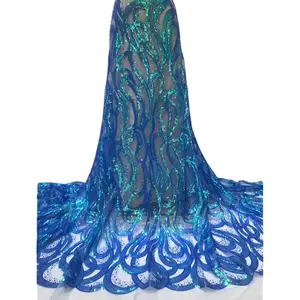 Yüksek kaliteli afrika payetler dantel kumaş gökyüzü mavi parlak Net tül nijeryalı düğün parti elbise için örgü nakış dantel kumaş