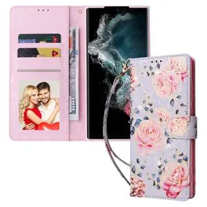 PU Leather Wallet Case Cover Shockproof Flip Case Phone Strap Card holder Stand for Samsung Galaxy S24 S23 S22 Ultra 5G Back She