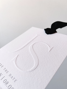 Étiquette en papier <span class=keywords><strong>de</strong></span> coton gaufré Middleton « Save the Date » avec ruban <span class=keywords><strong>de</strong></span> soie pour cartes <span class=keywords><strong>de</strong></span> visite <span class=keywords><strong>de</strong></span> vêtements - Product Image 4