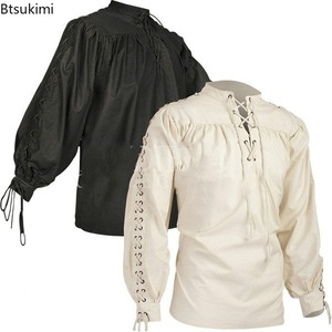 Camisas Steampunk para <span class=keywords><strong>Hombre</strong></span>, Camisa Gótica Medieval Renacentista de Manga Larga, Blusa Victoriana Negra y Blanca de Manga Larga, Estilo <span class=keywords><strong>Pirata</strong></span> - Product Image 1