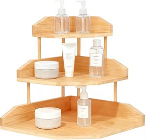 3-Tier Solid Wood <strong>Corner</strong> <strong>Console</strong> <strong>Table</strong> Open Shelves Modern Display Storage Rack Living Room Entry Home Office Garage Grey Green - Product Image 4