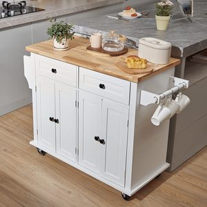 Chariot de rangement de cuisine moderne SENYU blanc avec plateau en bois, 2 tiroirs, 4 portes sur roulettes - Product Image 3