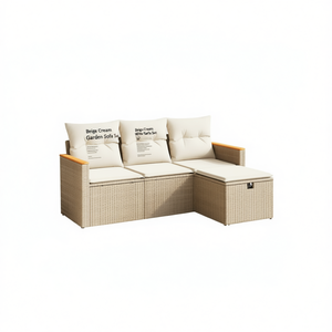 Ensemble de canapés de jardin beige crème avec rangement, meubles en rotin d'extérieur, design contemporain, coussins imperméables - Product Image 1