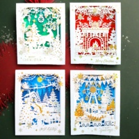 Nouveau Style Creux Rouge Fond Doré Blanc Cheminée Arbre De Noël Feu Blanc Cheval Joyeux Noël 3D pop up Carte De Voeux