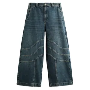 カスタムメンズバギージーンズフレアフィットモトデニムパンツ脚にトップステッチの縫い目ウォッシュブルーフロントヒップポケット人気のシンプル